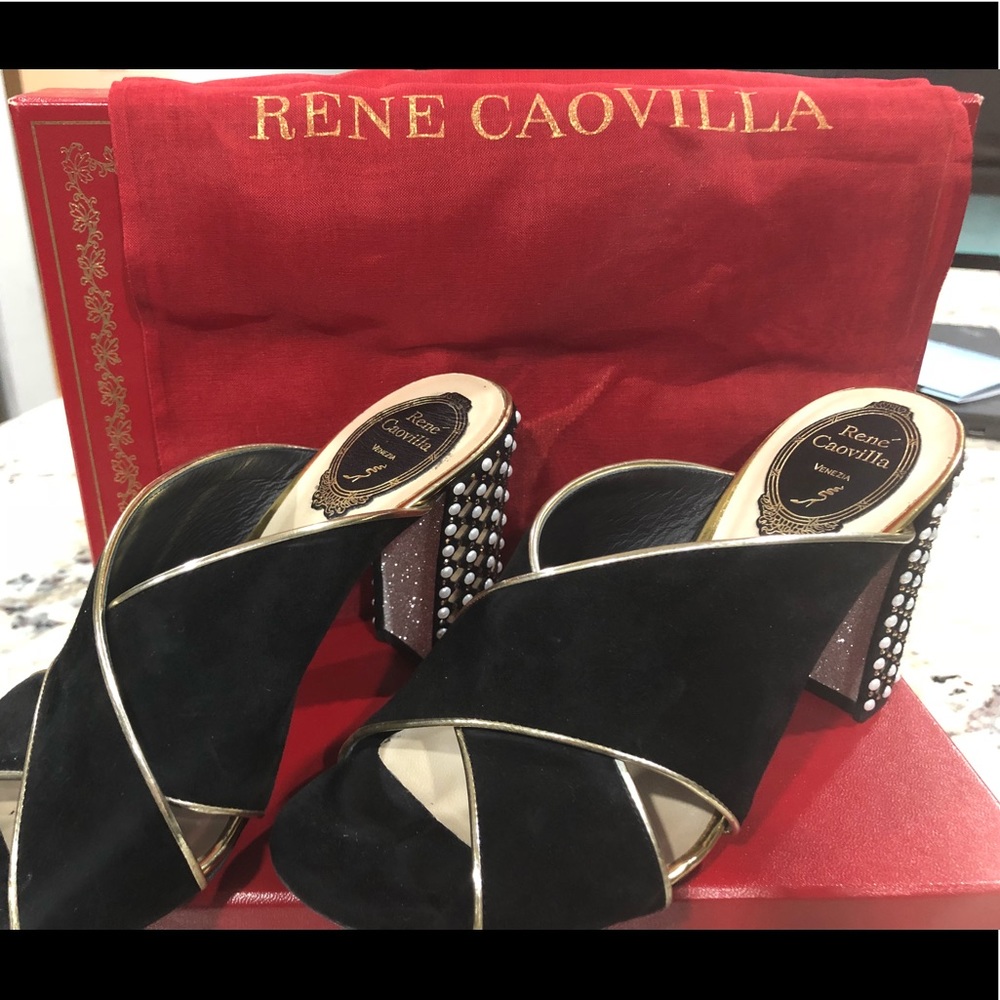 Chunky heel mules with Swarovski details